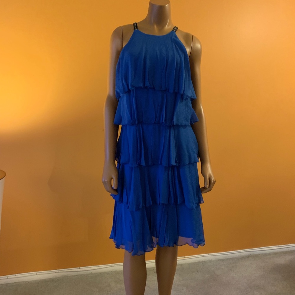 BCBGMAXAZRIA blue ruffled dress with sequin straps